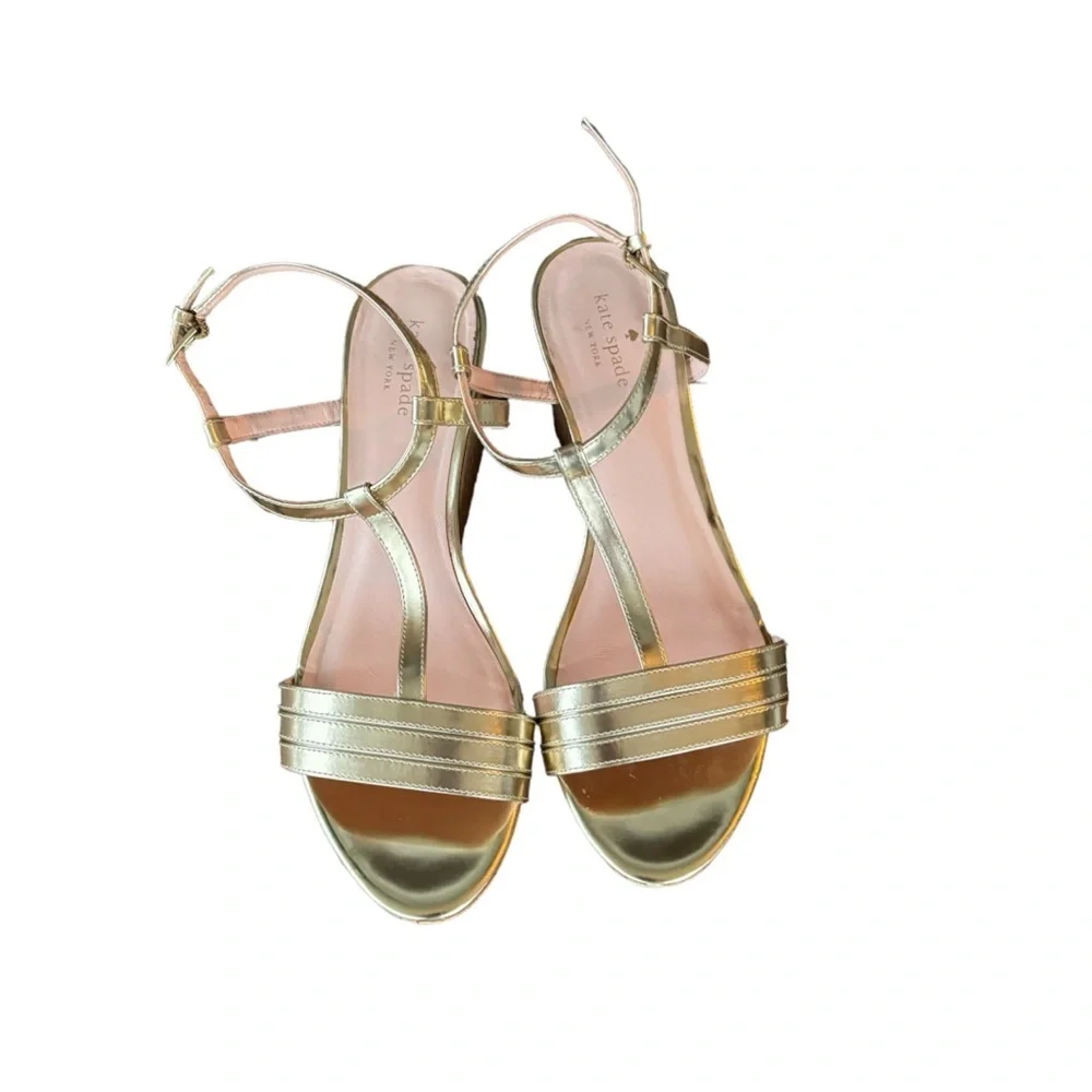 Kate Spade New York Tallinn Metallic Gold Cork Womens Buckle Strap Wedges Sz 10